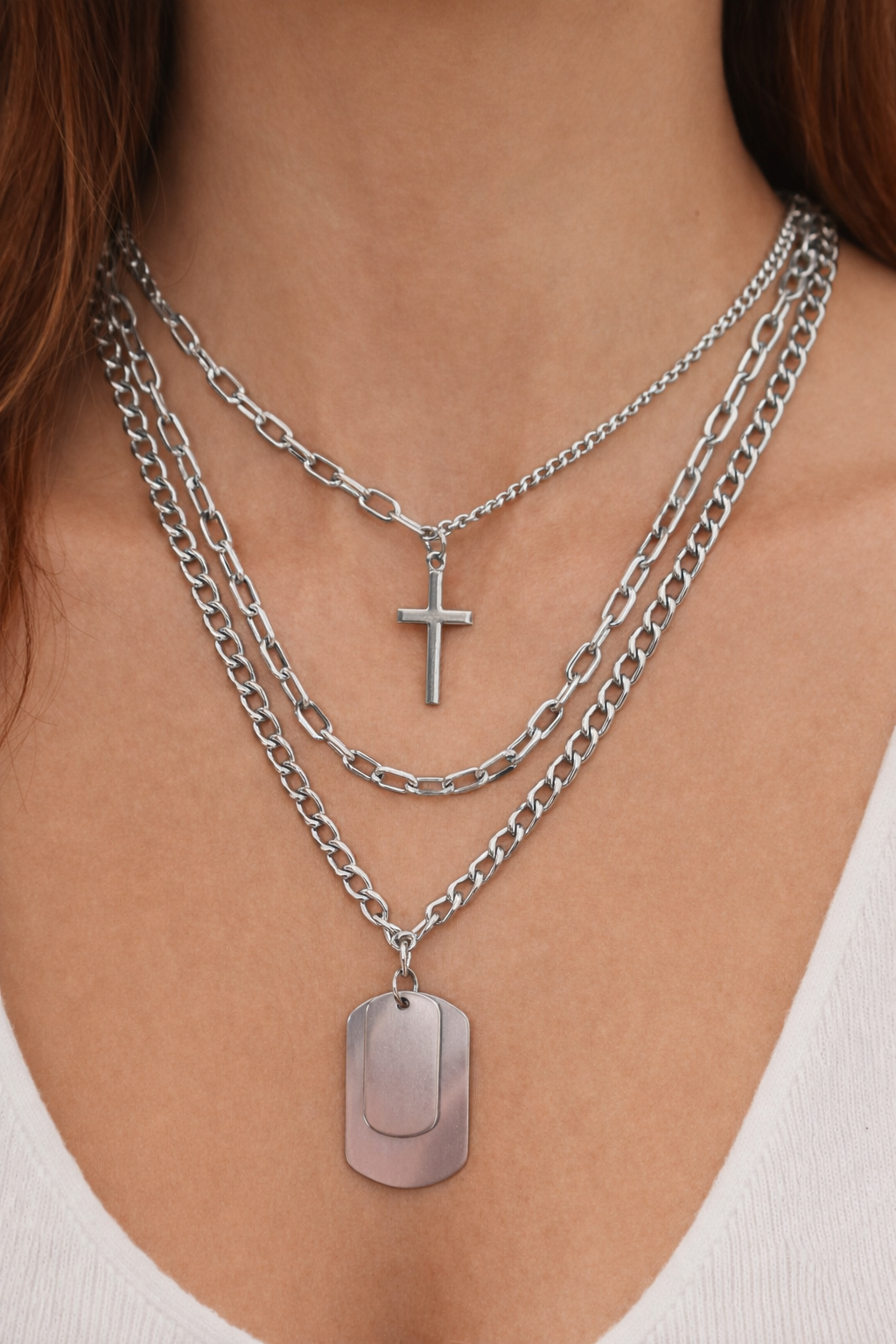 Ourums Silver Layered Cross Necklace