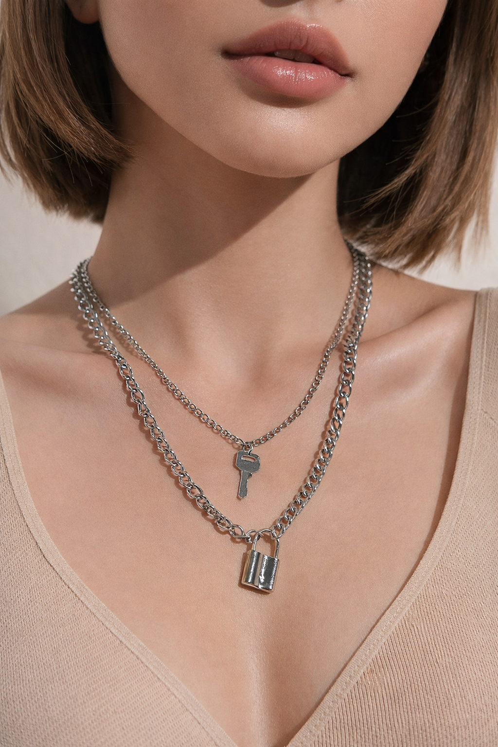 Ourums Layered Silver Lock Key Necklace