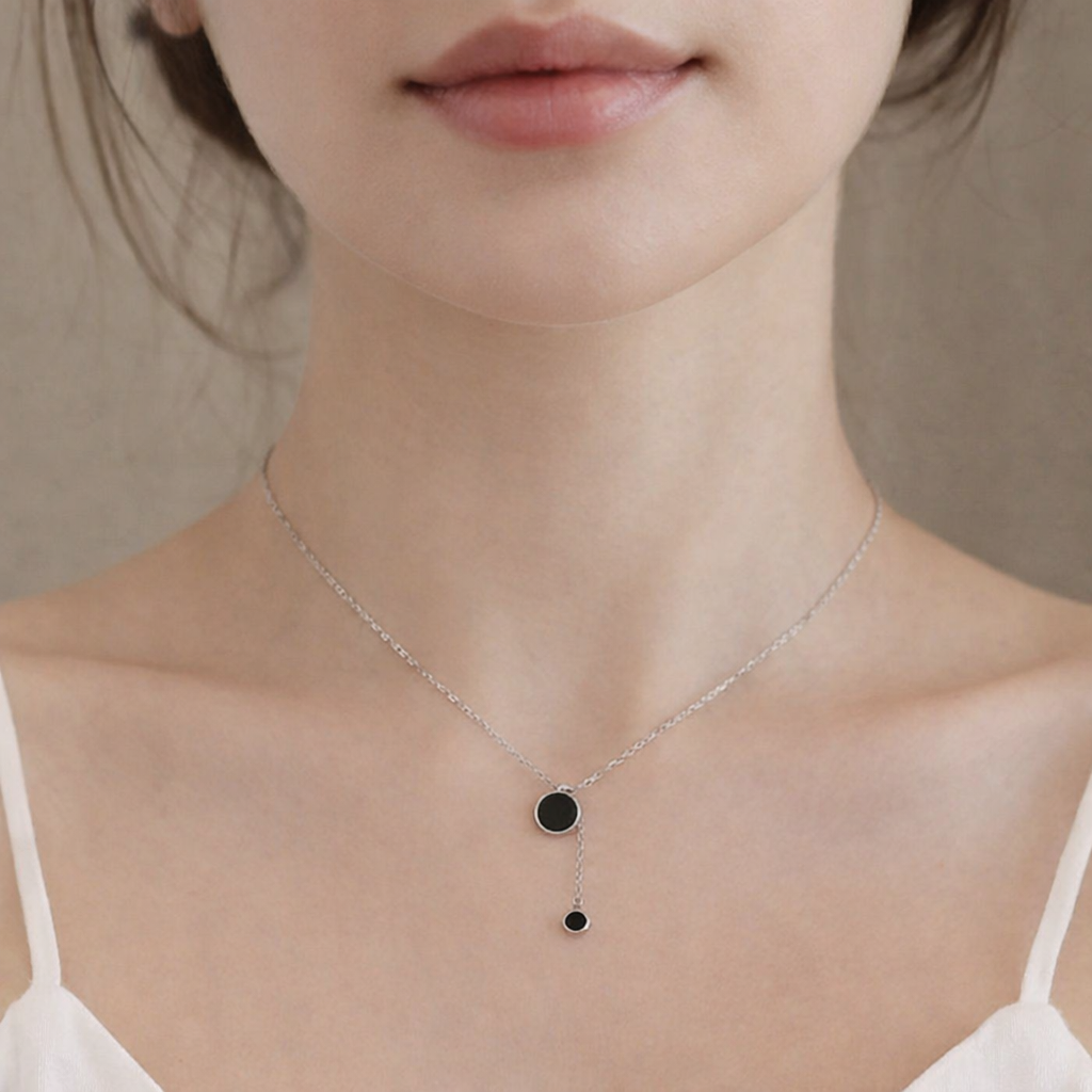 Ourums Silver Black Circle Necklace 