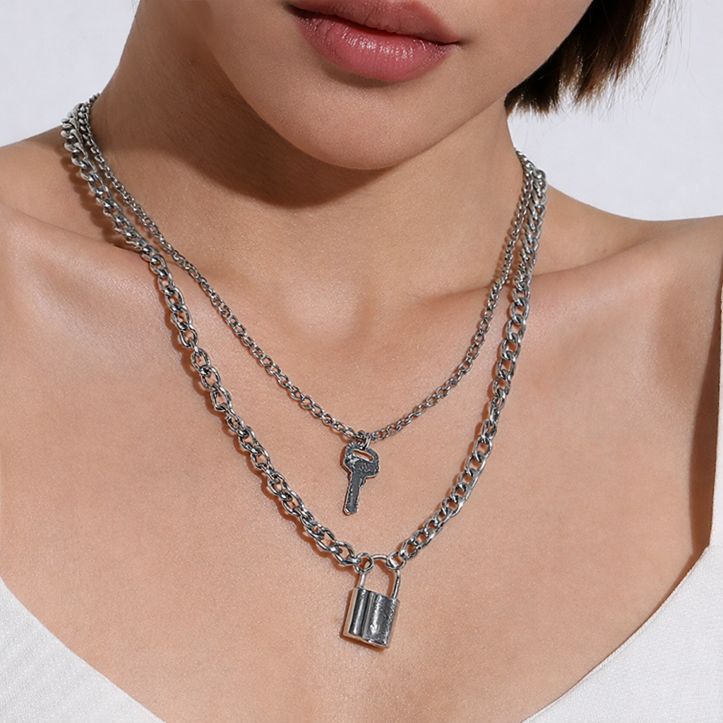 Ourums Layered Silver Lock Key Necklace