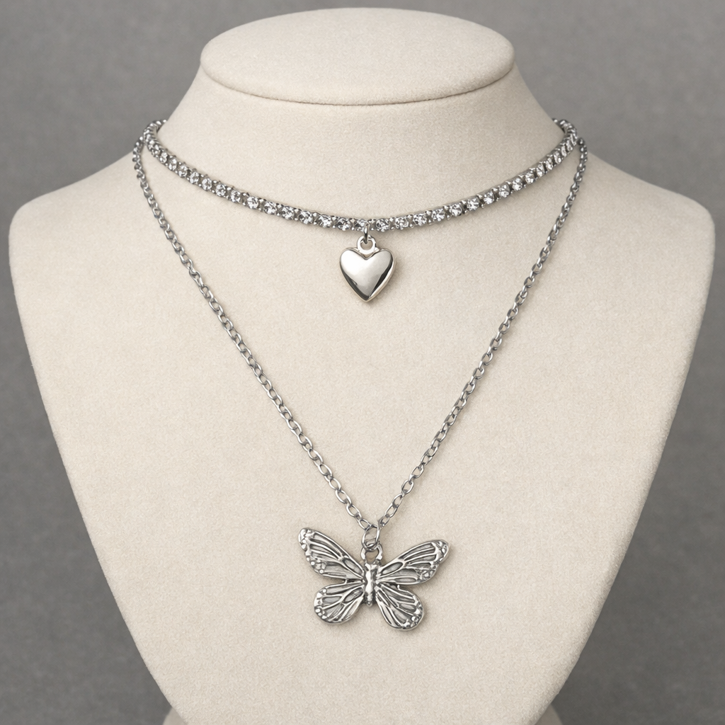Ourums Layered Butterfly Heart Necklace