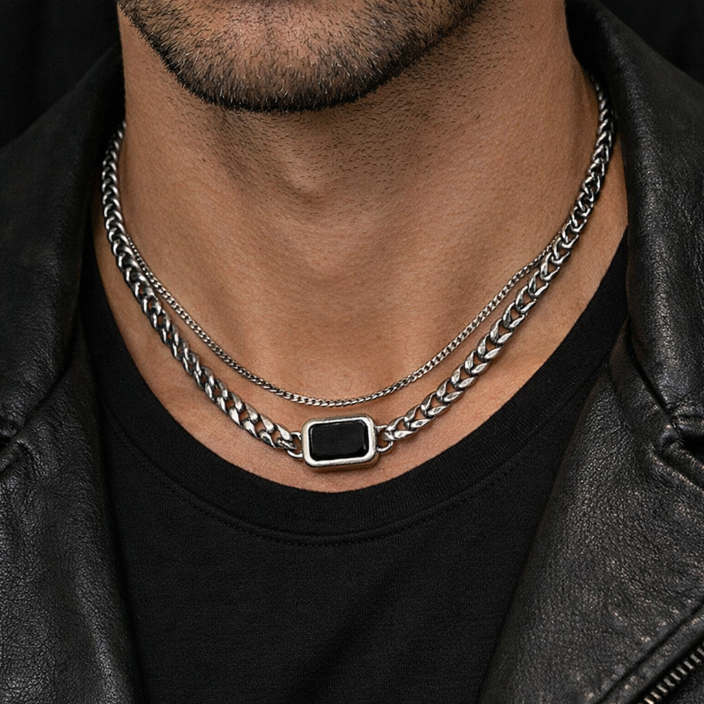 Ourums Men Layered Black Stone Necklace