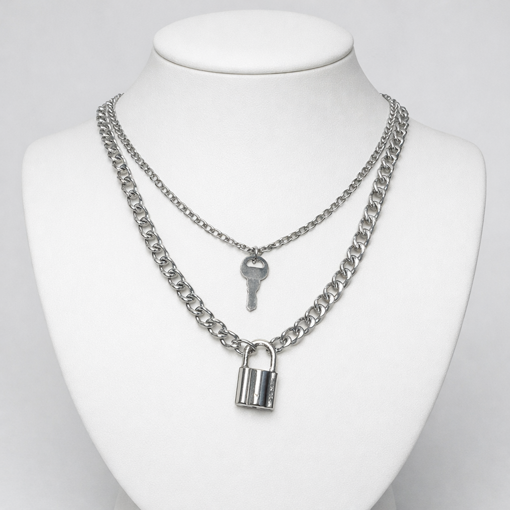 Ourums Layered Silver Lock Key Necklace
