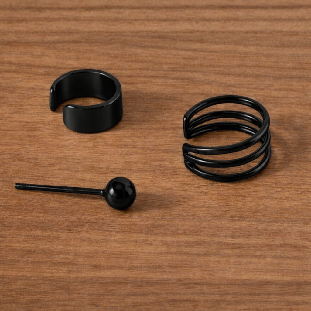 Ourums Minimalist Black Ear Cuff Set