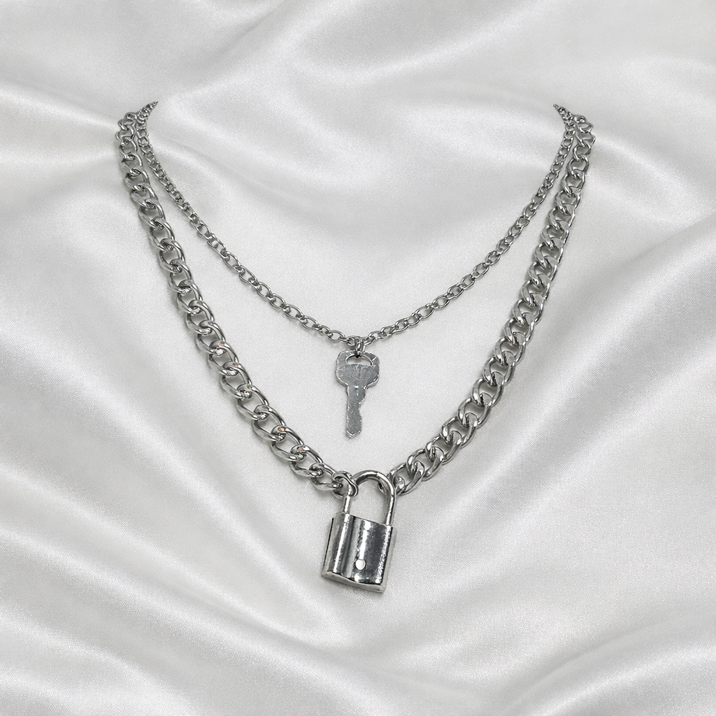 Ourums Layered Silver Lock Key Necklace