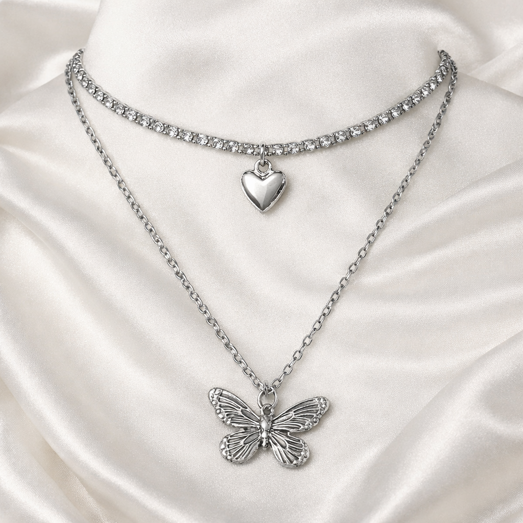 Ourums Layered Butterfly Heart Necklace