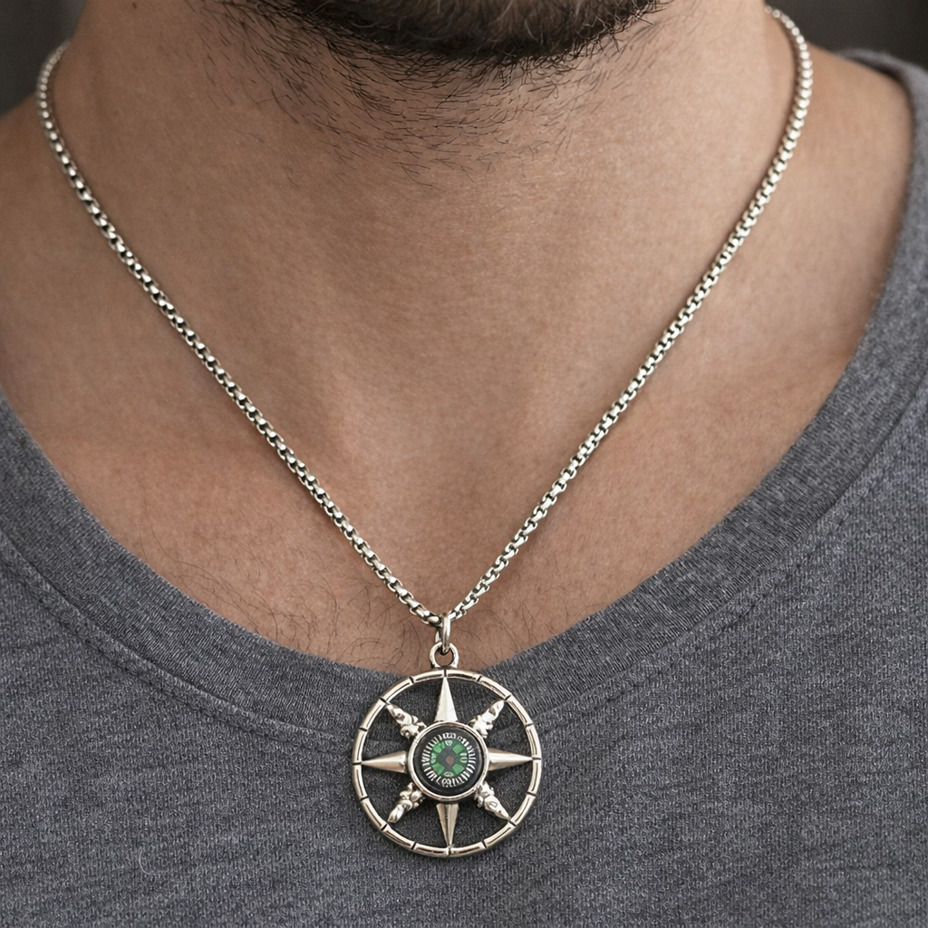 Ourums Men Silver Compass Necklace