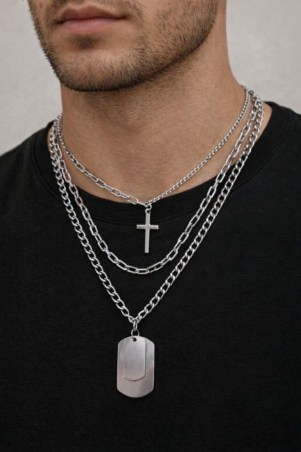 Ourums Men Silver Layered Cross Necklace