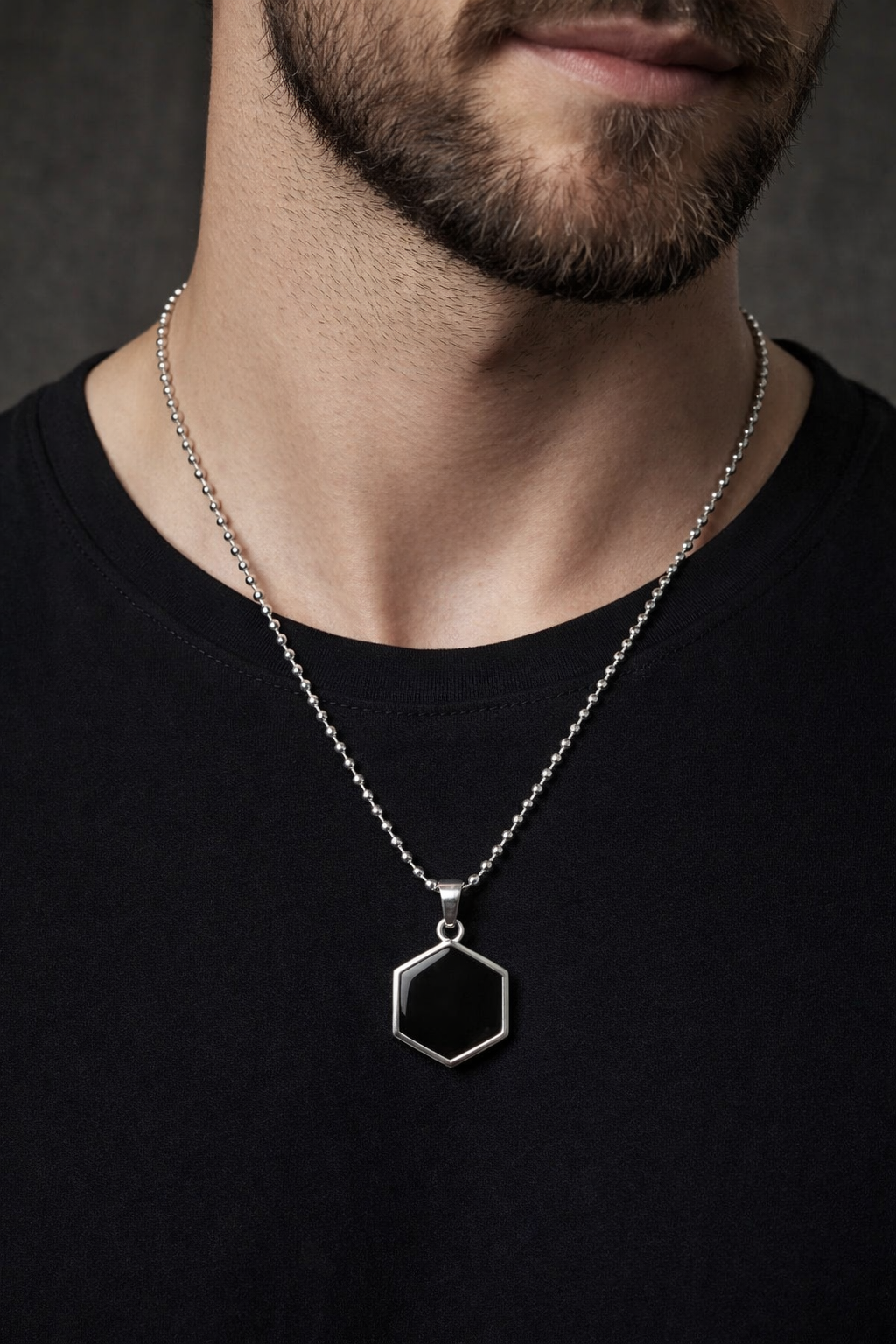 Ourums Silver Plated Black Onyx Hexagon Pendant