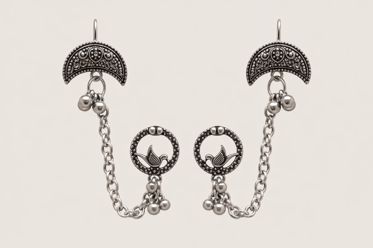 Ourums Oxidised Lotus Indo Western Chain Ear Cuff