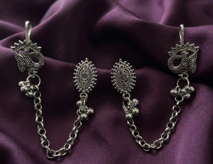Ourums Oxidised Peacock Indo Western Chain Ear Cuff