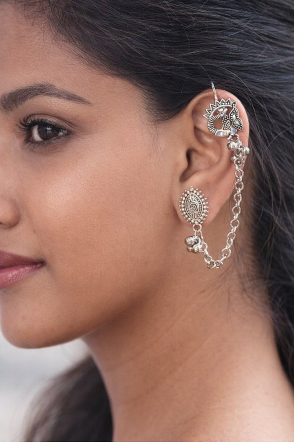 Ourums Oxidised Peacock Indo Western Chain Ear Cuff