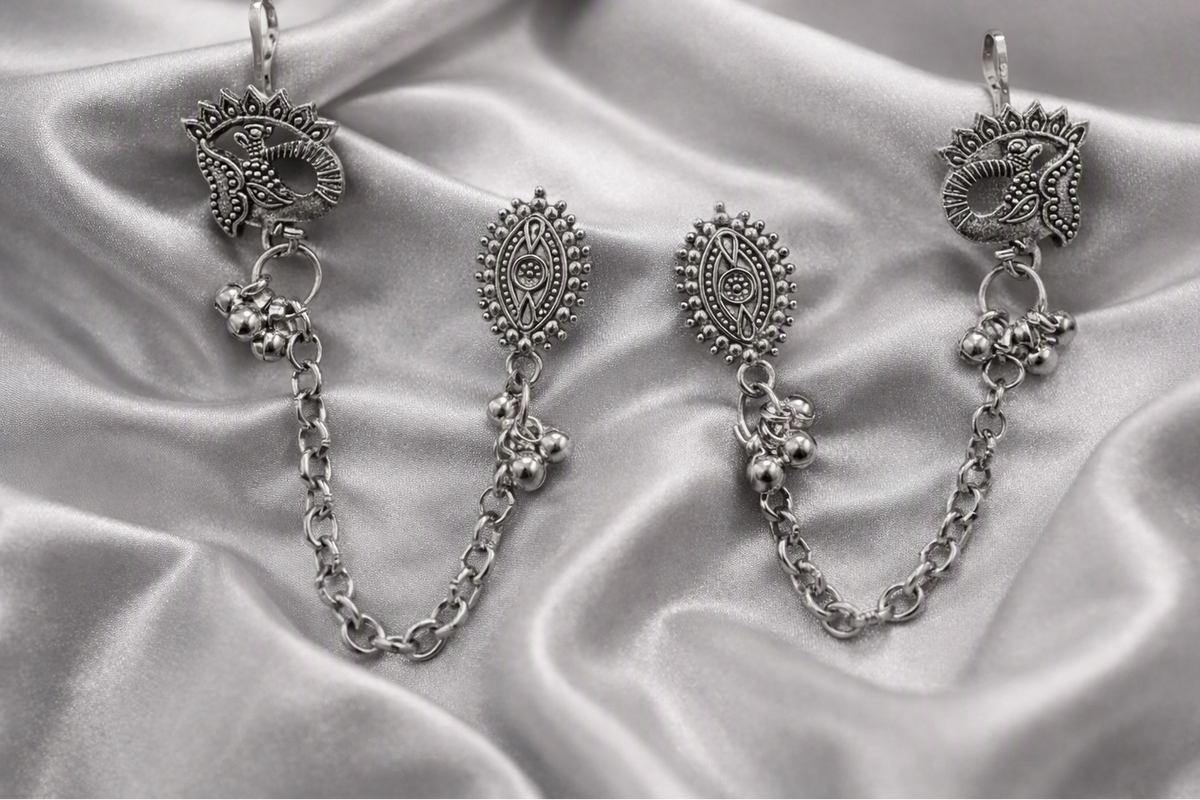Ourums Oxidised Peacock Indo Western Chain Ear Cuff