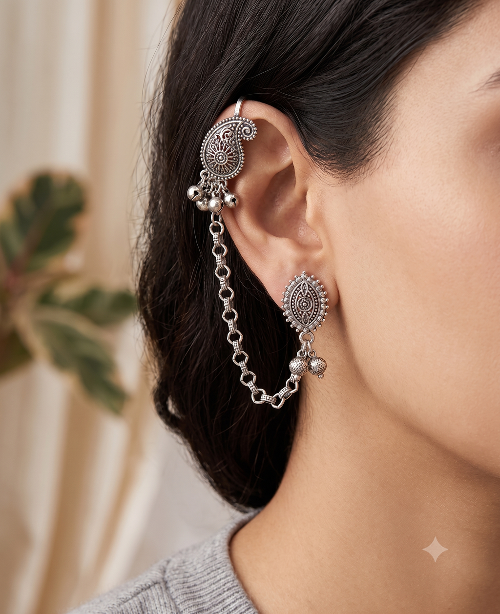 Ourums Boho Oxidised Paisley Chain Ear Cuff