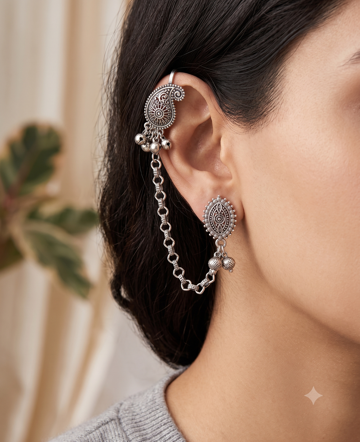 Ourums Boho Oxidised Paisley Chain Ear Cuff